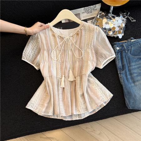 BY17212# 夏季设计感温柔气质小衫扎染撞色贝壳系带韩系短袖