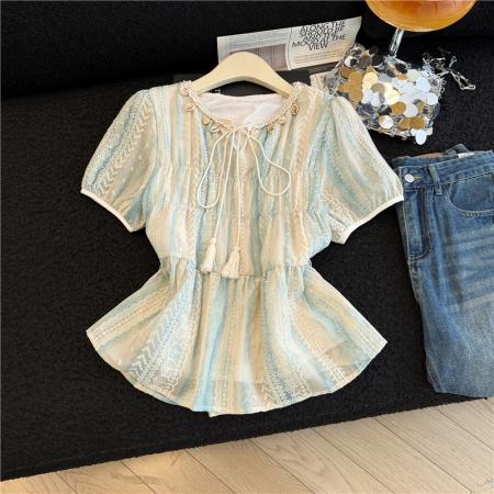 BY17212# 夏季设计感温柔气质小衫扎染撞色贝壳系带韩系短袖