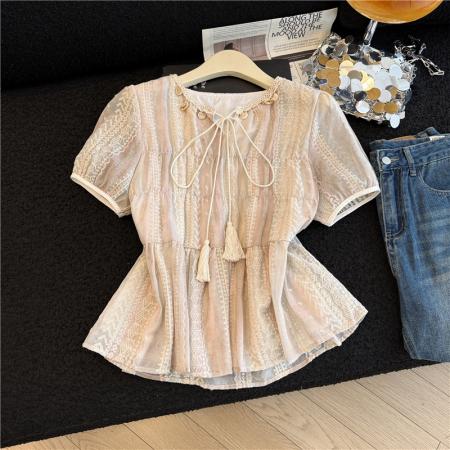 BY17212# 夏季设计感温柔气质小衫扎染撞色贝壳系带韩系短袖