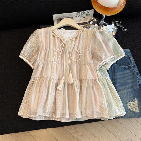 BY17212# 夏季设计感温柔气质小衫扎染撞色贝壳系带韩系短袖