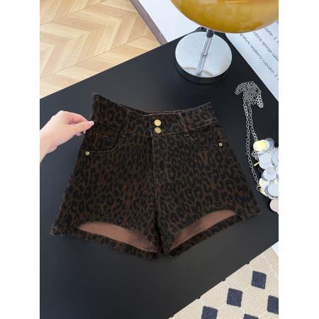 BY17214# 双扣高腰豹纹设计感牛仔短裤女夏季辣妹减龄显瘦A字包臀热裤