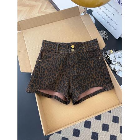 BY17214# 双扣高腰豹纹设计感牛仔短裤女夏季辣妹减龄显瘦A字包臀热裤