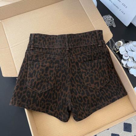 BY17214# 双扣高腰豹纹设计感牛仔短裤女夏季辣妹减龄显瘦A字包臀热裤