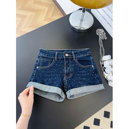 BY17215# 辣妹性感复古水洗烫钻翻边牛仔裤女夏季百搭修身热裤短裤