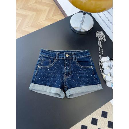 BY17215# 辣妹性感复古水洗烫钻翻边牛仔裤女夏季百搭修身热裤短裤