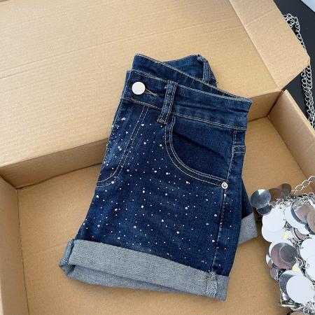 BY17215# 辣妹性感复古水洗烫钻翻边牛仔裤女夏季百搭修身热裤短裤