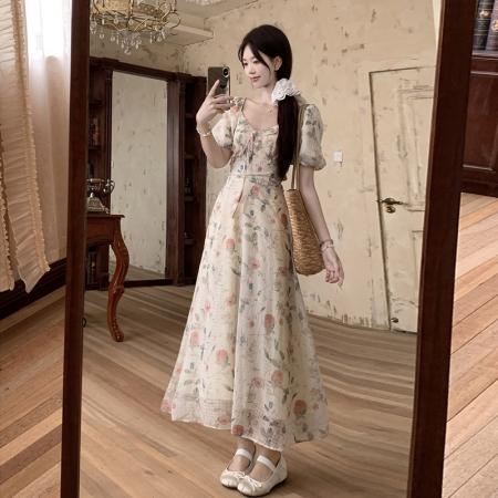 BY17217# 夏季甜美桔梗法式大码连衣裙小个子泡泡袖海边碎花裙子