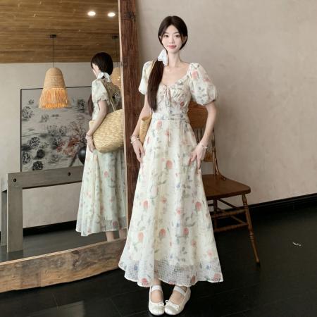 BY17217# 夏季甜美桔梗法式大码连衣裙小个子泡泡袖海边碎花裙子