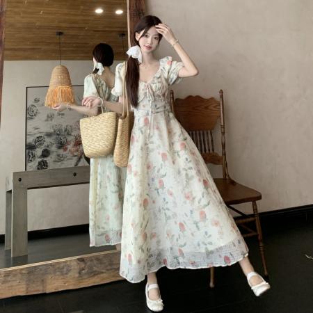 BY17217# 夏季甜美桔梗法式大码连衣裙小个子泡泡袖海边碎花裙子