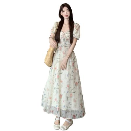 BY17217# 夏季甜美桔梗法式大码连衣裙小个子泡泡袖海边碎花裙子