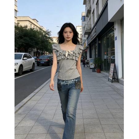 BY17218# 韩系荷叶边纽蝴蝶结小飞袖t恤女夏季新修身显瘦外穿设
