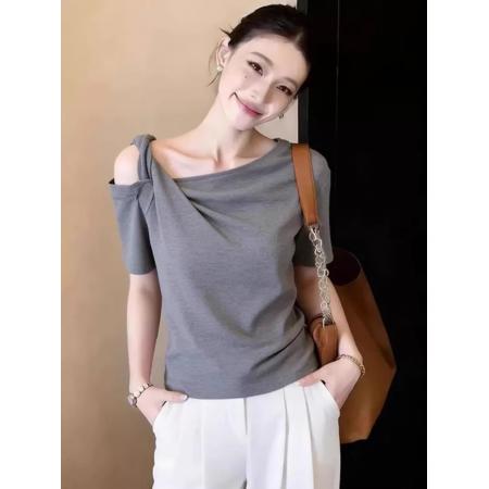 BY17219# 高品质大码灰色扭结露肩纯棉短袖t恤夏季胖mm遮肉显高