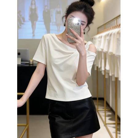 BY17219# 高品质大码灰色扭结露肩纯棉短袖t恤夏季胖mm遮肉显高