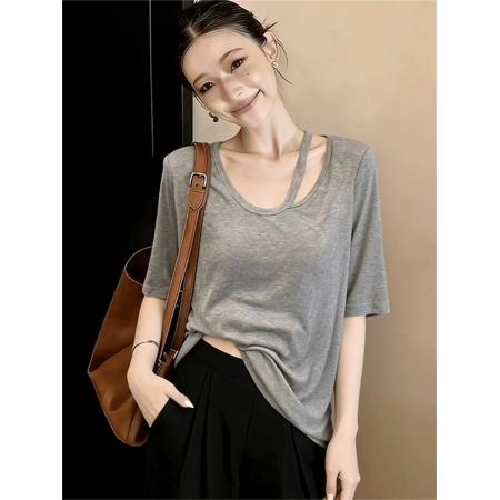 BY17220# 灰色松弛宽松辣妹短袖t恤女薄款设计感小众绝美上衣