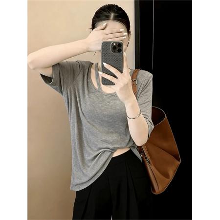 BY17220# 灰色松弛宽松辣妹短袖t恤女薄款设计感小众绝美上衣