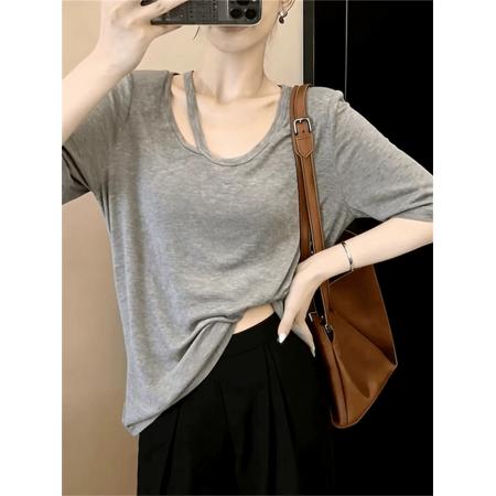 BY17220# 灰色松弛宽松辣妹短袖t恤女薄款设计感小众绝美上衣