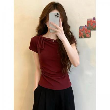BY17221# 夏季小众绑带短袖T恤女气质修身褶皱收腰上衣