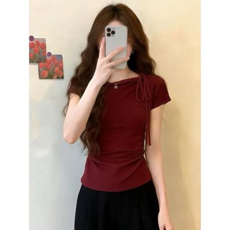 BY17221# 夏季小众绑带短袖T恤女气质修身褶皱收腰上衣