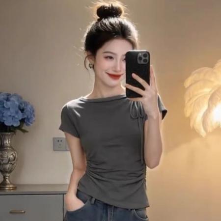 BY17221# 夏季小众绑带短袖T恤女气质修身褶皱收腰上衣