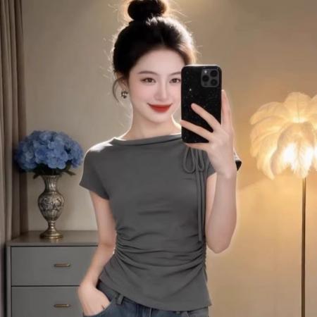 BY17221# 夏季小众绑带短袖T恤女气质修身褶皱收腰上衣