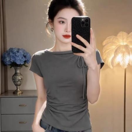 BY17221# 夏季小众绑带短袖T恤女气质修身褶皱收腰上衣