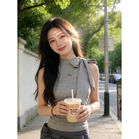 BY17222# 灰色波点蝴蝶结绑带设计无袖背心T恤女夏季外穿辣妹