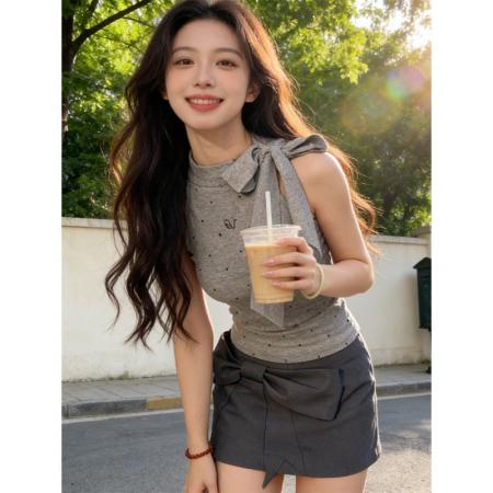BY17222# 灰色波点蝴蝶结绑带设计无袖背心T恤女夏季外穿辣妹