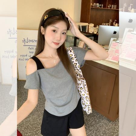 BY17223# 莫代尔小众别致斜肩短袖T恤女夏季美式辣妹修身显瘦