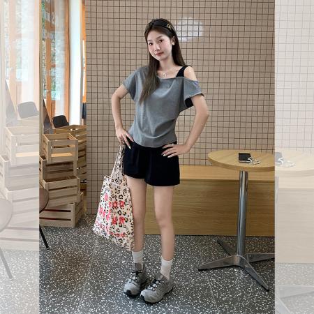 BY17223# 莫代尔小众别致斜肩短袖T恤女夏季美式辣妹修身显瘦