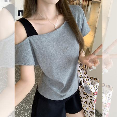 BY17223# 莫代尔小众别致斜肩短袖T恤女夏季美式辣妹修身显瘦