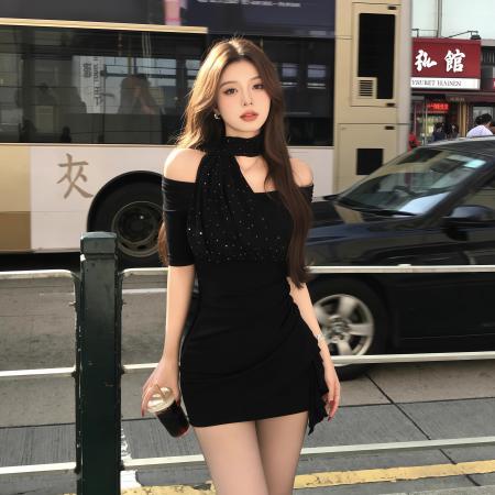 BY17224# 性感露肩针织连衣裙女收腰绝美包臀裙