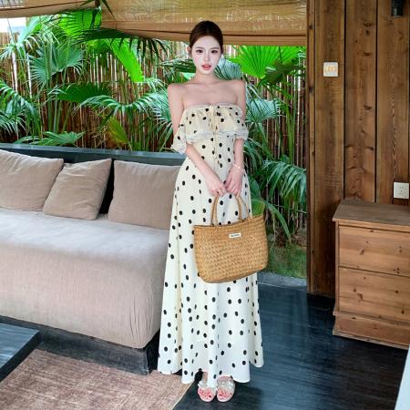 BY17225# 法式复古气质波点无袖吊带连衣裙女飞飞袖系带蕾丝拼接显瘦长裙夏