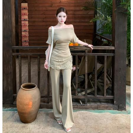 BY17226# 纯欲风设计感斜肩一字肩T恤高腰修身微喇休闲长裤带屁帘三件套夏