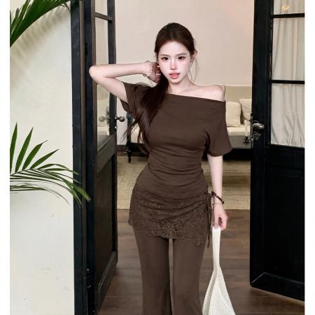 BY17226# 纯欲风设计感斜肩一字肩T恤高腰修身微喇休闲长裤带屁帘三件套夏