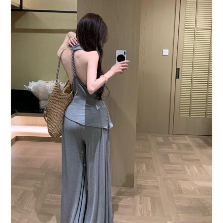 BY17229# 清冷松弛感穿搭套装女夏季挂脖荡领露背吊带长裤阔腿休闲裤两件套