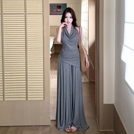 BY17229# 清冷松弛感穿搭套装女夏季挂脖荡领露背吊带长裤阔腿休闲裤两件套