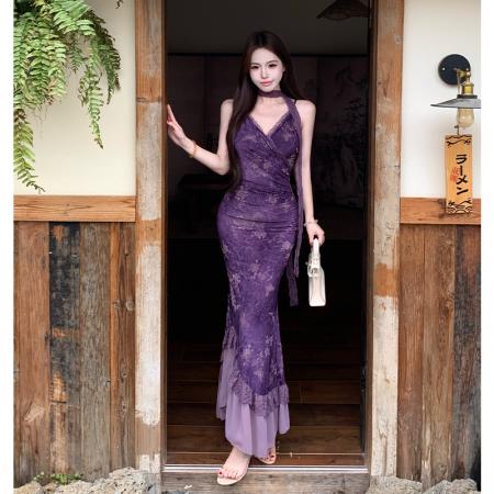 BY17230# 法式性感气质收腰v领长裙女植绒烧花弹力吊带连衣裙新国风紫色裙