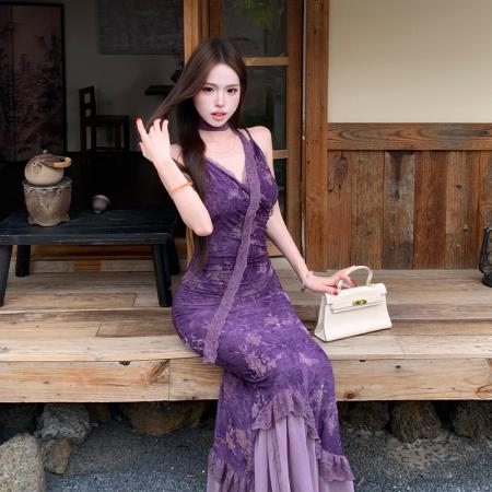 BY17230# 法式性感气质收腰v领长裙女植绒烧花弹力吊带连衣裙新国风紫色裙