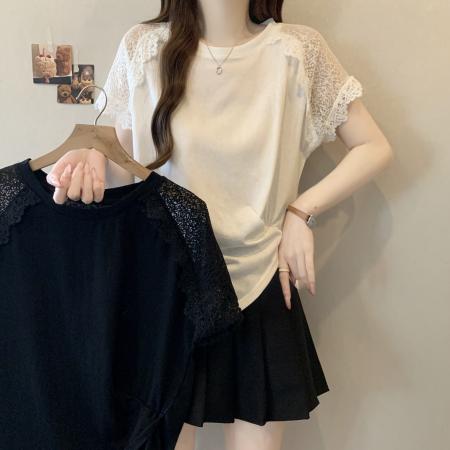 BY17232# 夏季新款圆领蕾丝拼接短袖褶皱不规则打底T恤女上衣