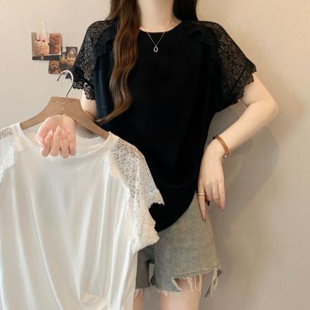 BY17232# 夏季新款圆领蕾丝拼接短袖褶皱不规则打底T恤女上衣