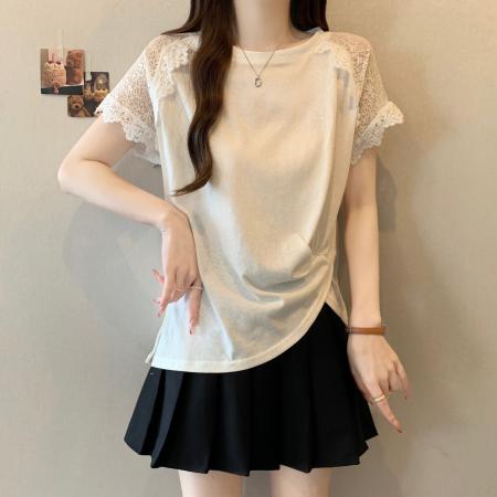 BY17232# 夏季新款圆领蕾丝拼接短袖褶皱不规则打底T恤女上衣