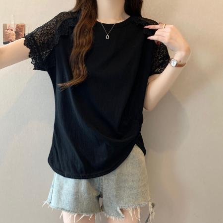 BY17232# 夏季新款圆领蕾丝拼接短袖褶皱不规则打底T恤女上衣