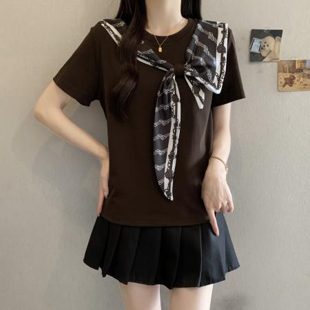 BY17233# 大码蝴蝶结披肩短袖T恤女夏季新款时尚减龄宽松显瘦上衣