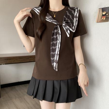 BY17233# 大码蝴蝶结披肩短袖T恤女夏季新款时尚减龄宽松显瘦上衣