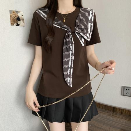 BY17233# 大码蝴蝶结披肩短袖T恤女夏季新款时尚减龄宽松显瘦上衣