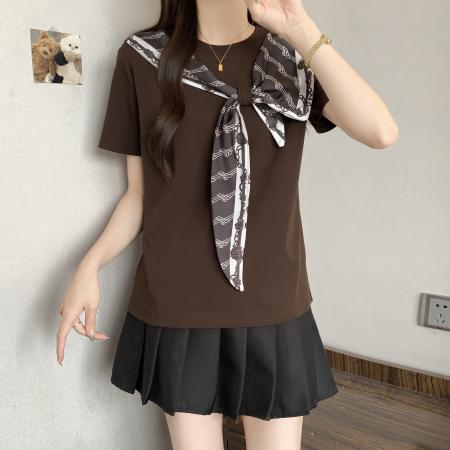 BY17233# 大码蝴蝶结披肩短袖T恤女夏季新款时尚减龄宽松显瘦上衣