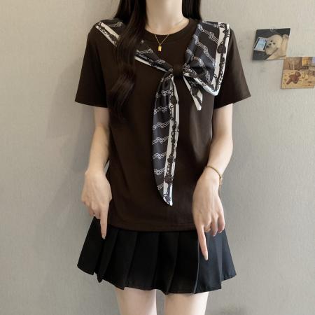 BY17233# 大码蝴蝶结披肩短袖T恤女夏季新款时尚减龄宽松显瘦上衣