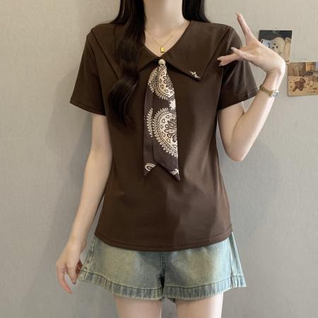 BY17234# 大码高级感丝巾领带翻领短袖T恤女韩版气质显瘦减龄上衣