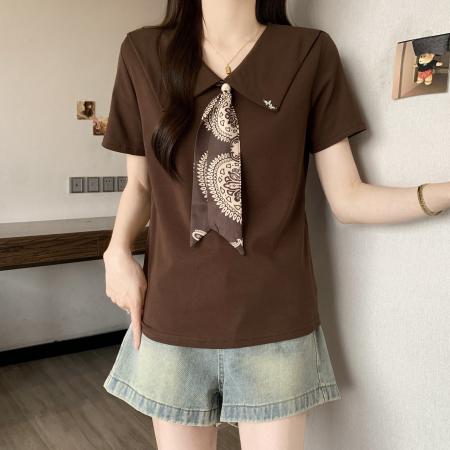 BY17234# 大码高级感丝巾领带翻领短袖T恤女韩版气质显瘦减龄上衣