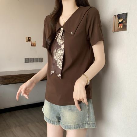 BY17234# 大码高级感丝巾领带翻领短袖T恤女韩版气质显瘦减龄上衣